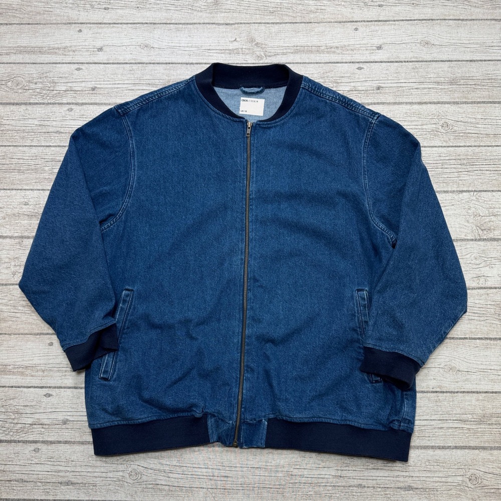 ASOS Denim Jacket Women's 14 Blue Denim Zip Up Insulated Classic Bomber Utility